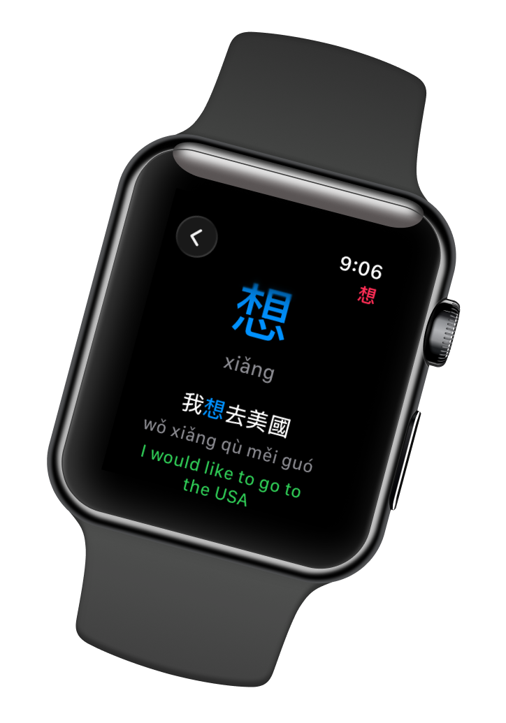 CharacterMatrix on Apple Watch showing character detail with example sentence